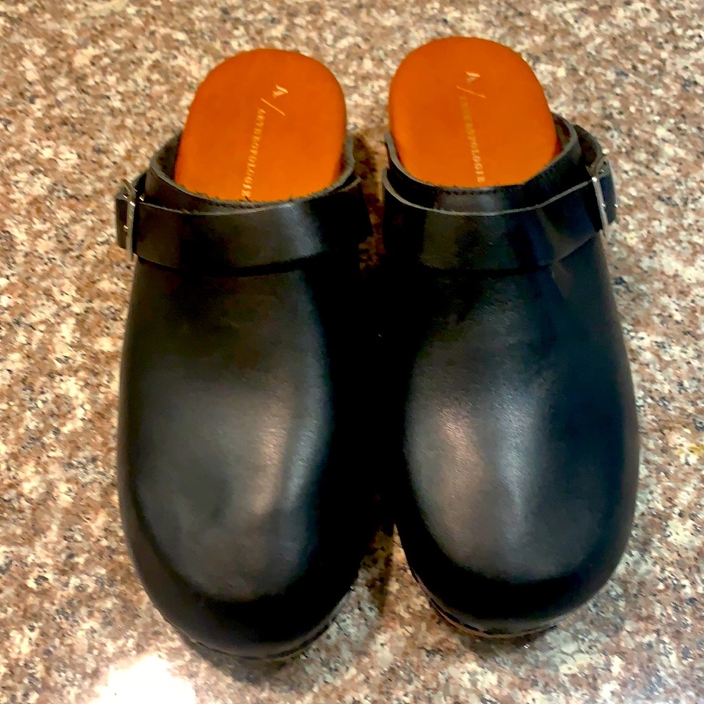Anthropologie Silent D black leather clogs
